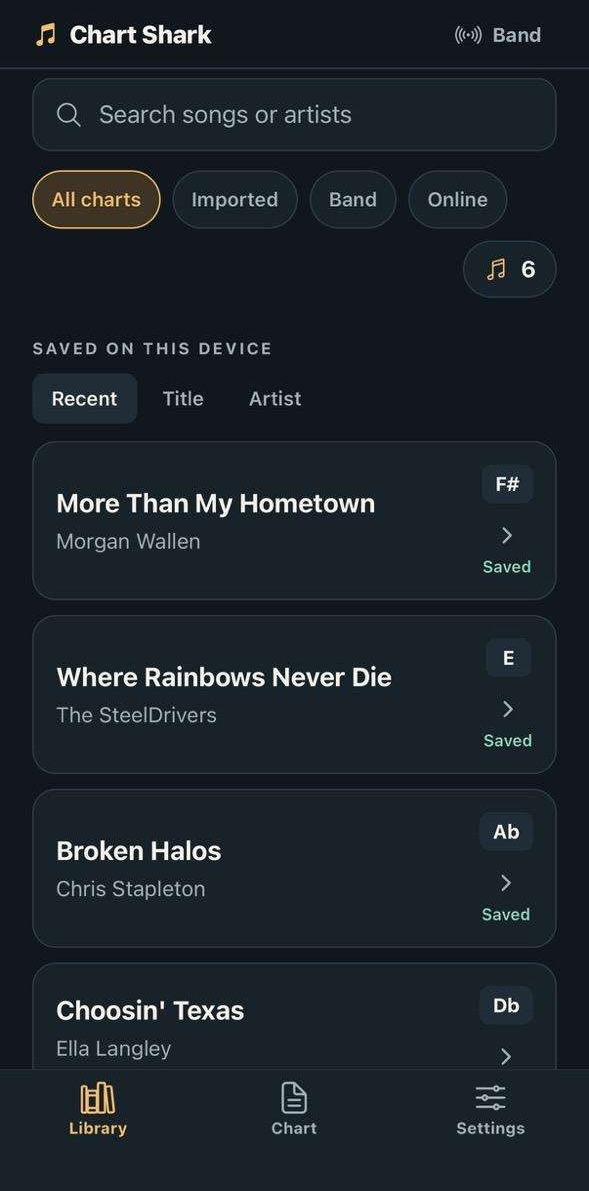 Chart Shark song library with saved charts and filters for imported, band, and online charts