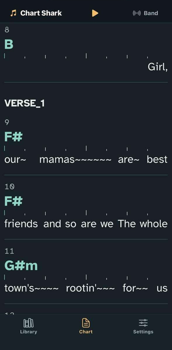 SharkChart view showing chords, lyrics, and beat markers within numbered measures